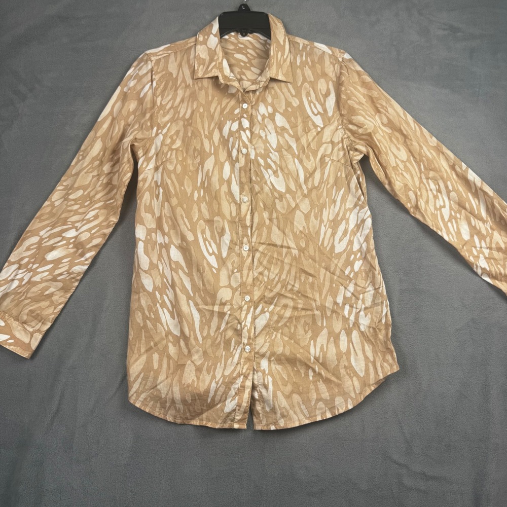 J. McLaughlin Tan White Abstract Print Cotton Button Down Shirt Womens Medium